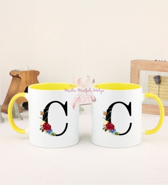 C Harfi Çiçek Desenliİkili Sarı Kupa Bardak
