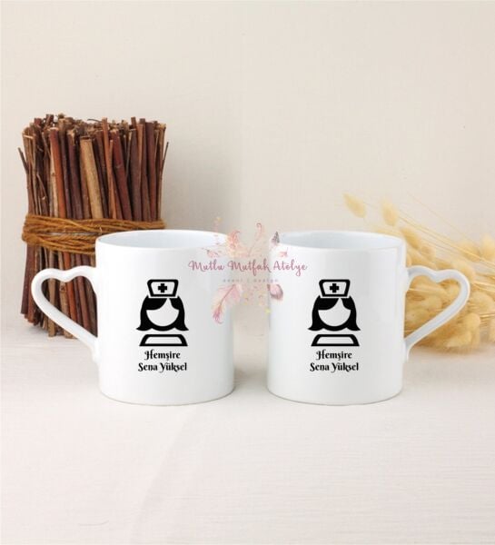 Kişiye Özel Hemşire İkili Beyaz Kalpli Kupa Bardak
