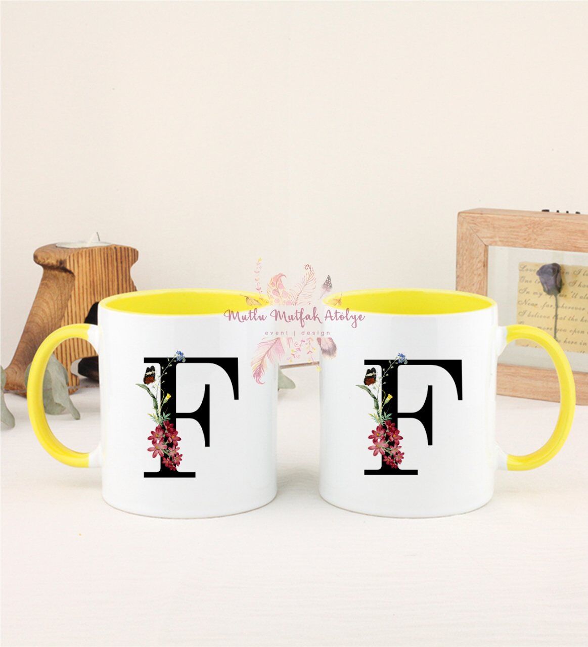 F Harfi Çiçek Desenli İkili Sarı Kupa Bardak