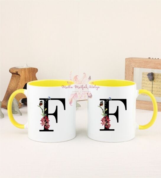 F Harfi Çiçek Desenli İkili Sarı Kupa Bardak