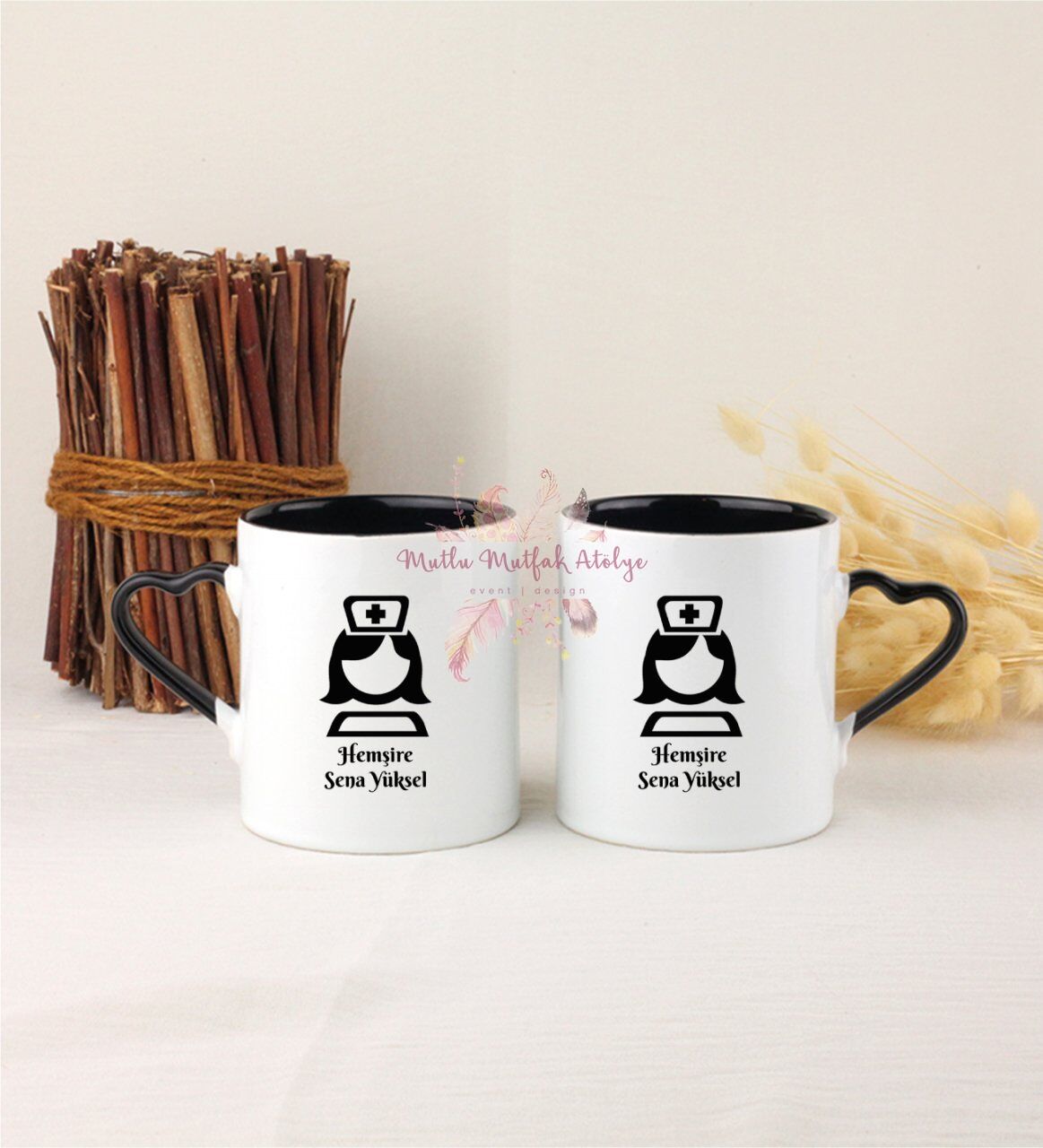 Kişiye Özel Hemşire İkili Siyah Kalpli Kupa Bardak