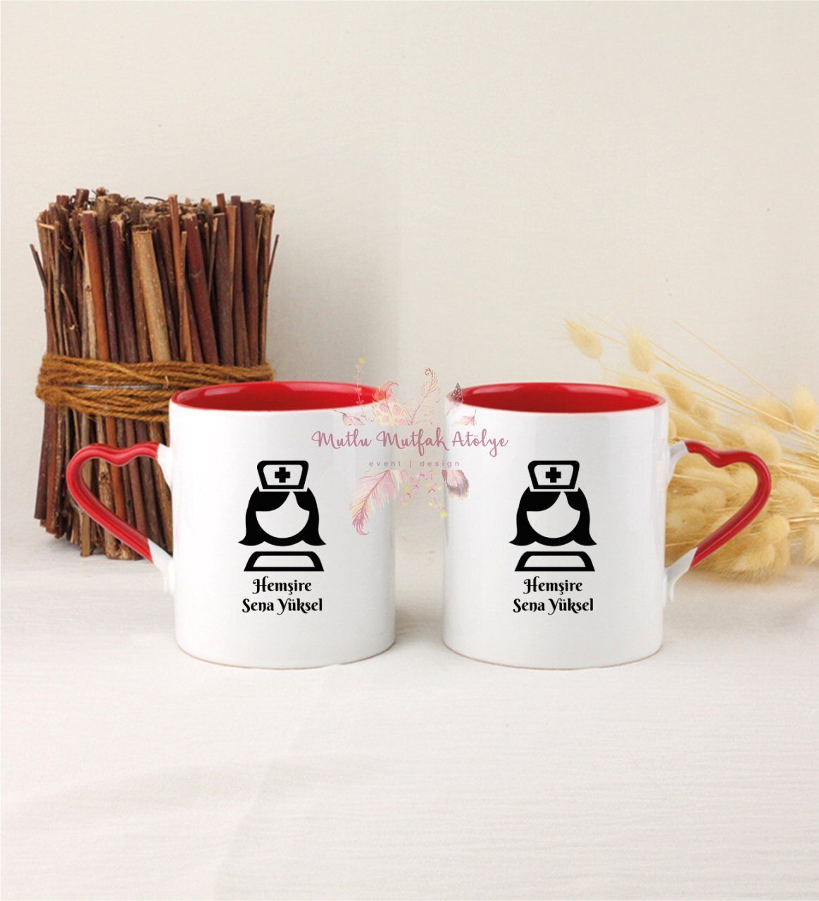 Kişiye Özel Hemşire İkili Kırmızı Kalpli Kupa Bardak