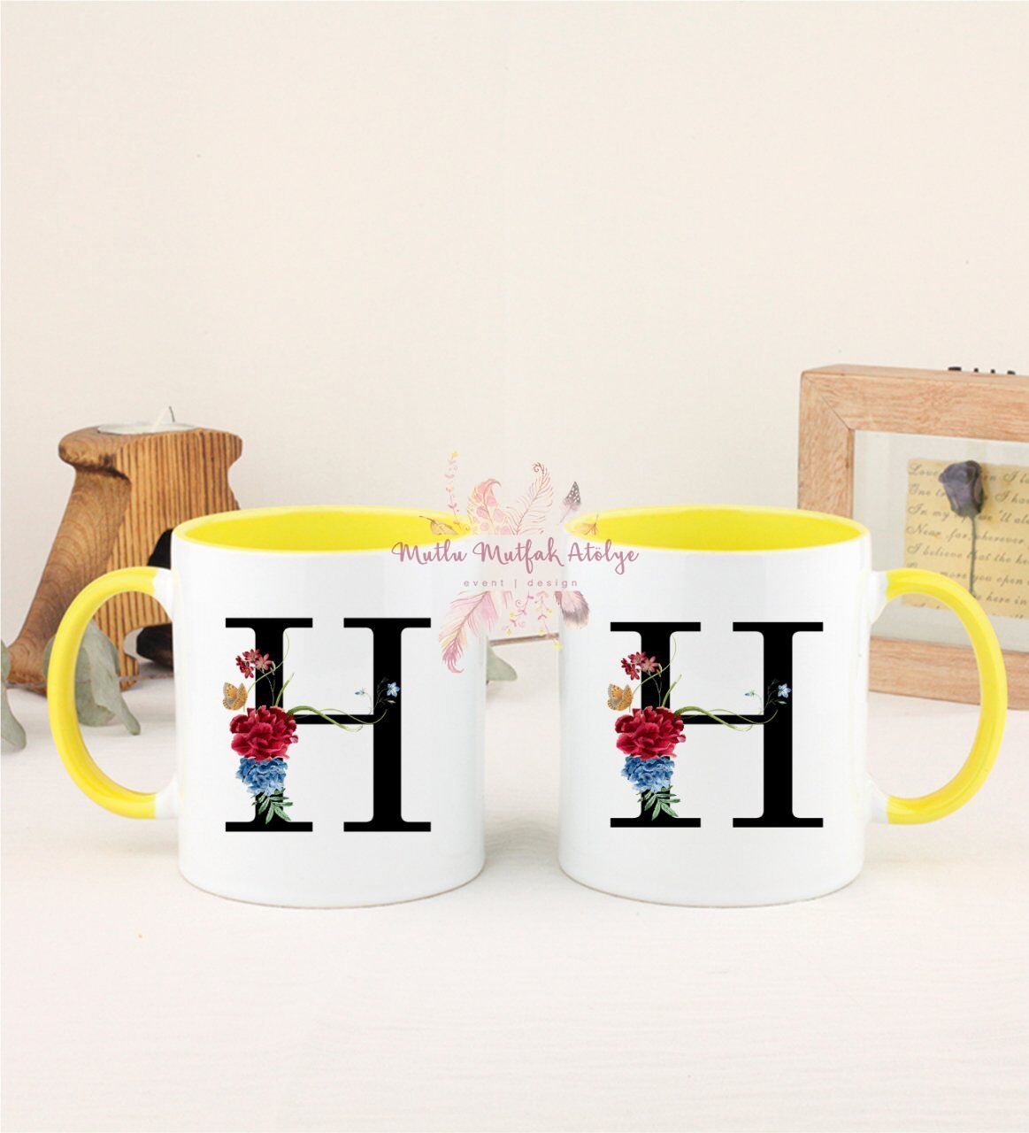 H Harfi Çiçek Desenli İkili Sarı Kupa Bardak