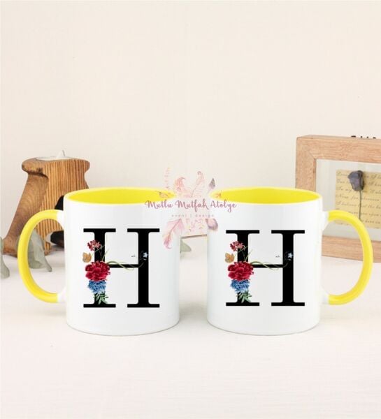 H Harfi Çiçek Desenli İkili Sarı Kupa Bardak