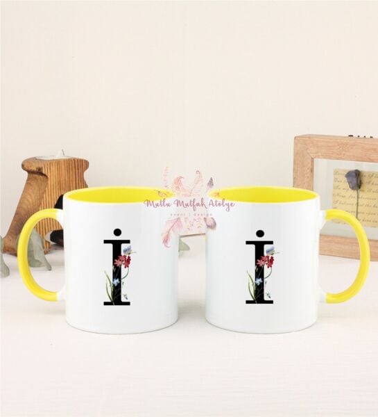 İ Harfi Çiçek Desenli İkili Sarı Kupa Bardak