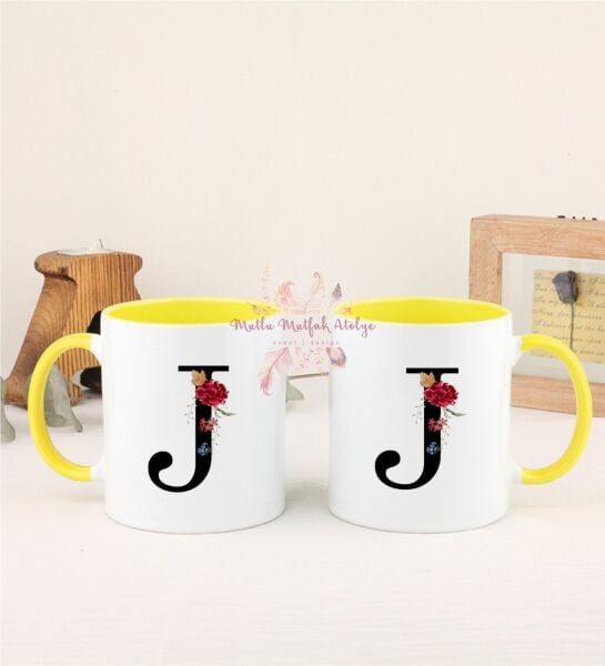 J Harfi Çiçek Desenli İkili Sarı Kupa Bardak