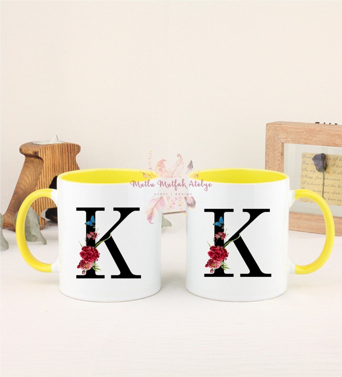 K Harfi Çiçek Desenli İkili Sarı Kupa Bardak