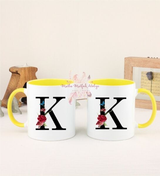 K Harfi Çiçek Desenli İkili Sarı Kupa Bardak