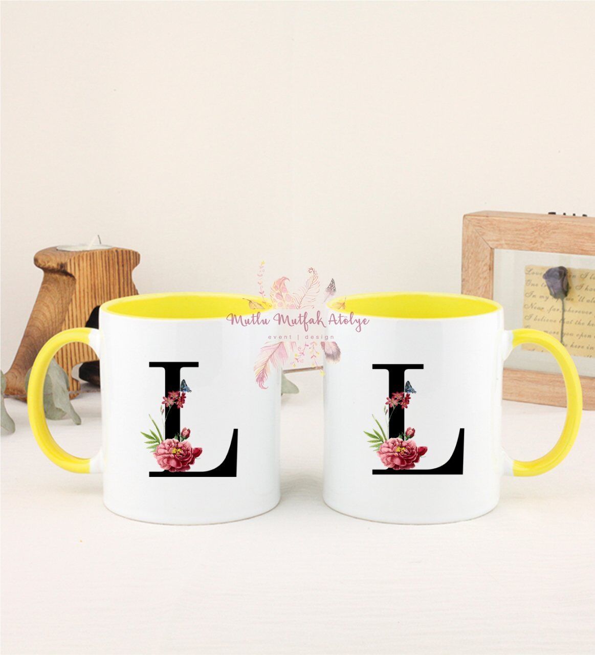 L Harfi Çiçek Desenli İkili Sarı Kupa Bardak