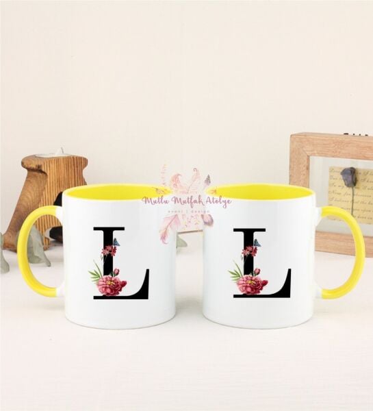 L Harfi Çiçek Desenli İkili Sarı Kupa Bardak