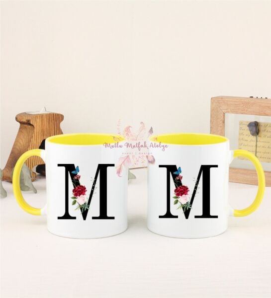 M Harfi Çiçek Desenli İkili Sarı Kupa Bardak