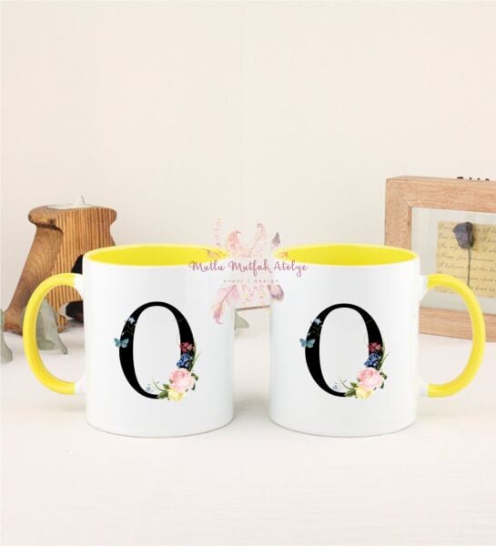 O Harfi Çiçek Desenli İkili Sarı Kupa Bardak