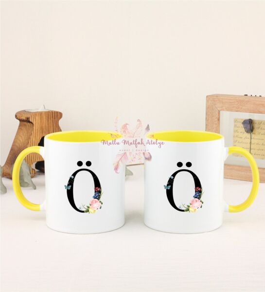 Ö Harfi Çiçek Desenli İkili Sarı Kupa Bardak