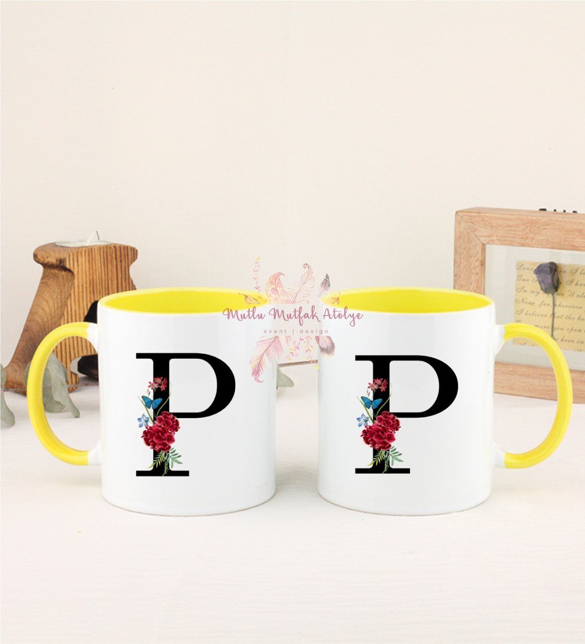 P Harfi Çiçek Desenli İkili Sarı Kupa Bardak