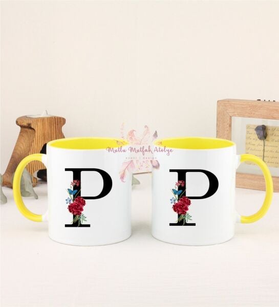 P Harfi Çiçek Desenli İkili Sarı Kupa Bardak