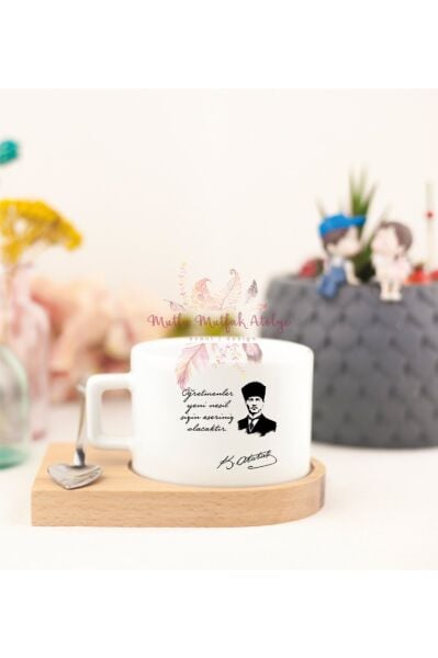 Öğretmenler Günü Hediyesi Atatürk  Ahşap Altlıklı Fincan