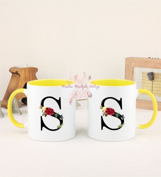 S Harfi Çiçek Desenli İkili Sarı Kupa Bardak