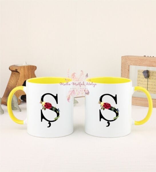 Ş Harfi Çiçek Desenli İkili Sarı Kupa Bardak