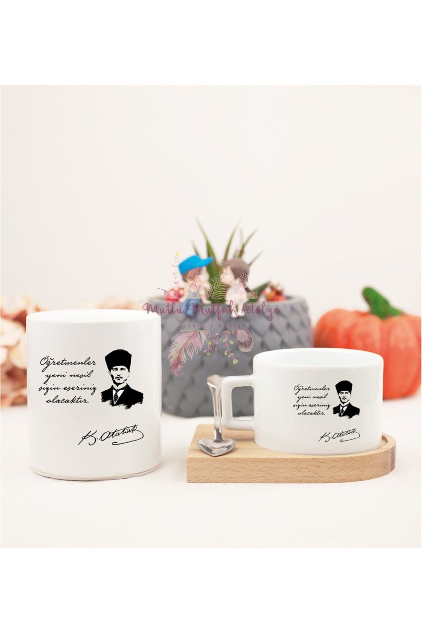 Öğretmenler Günü Hediyesi Atatürk  Ahşap Altlıklı Fincan ve Kumbara