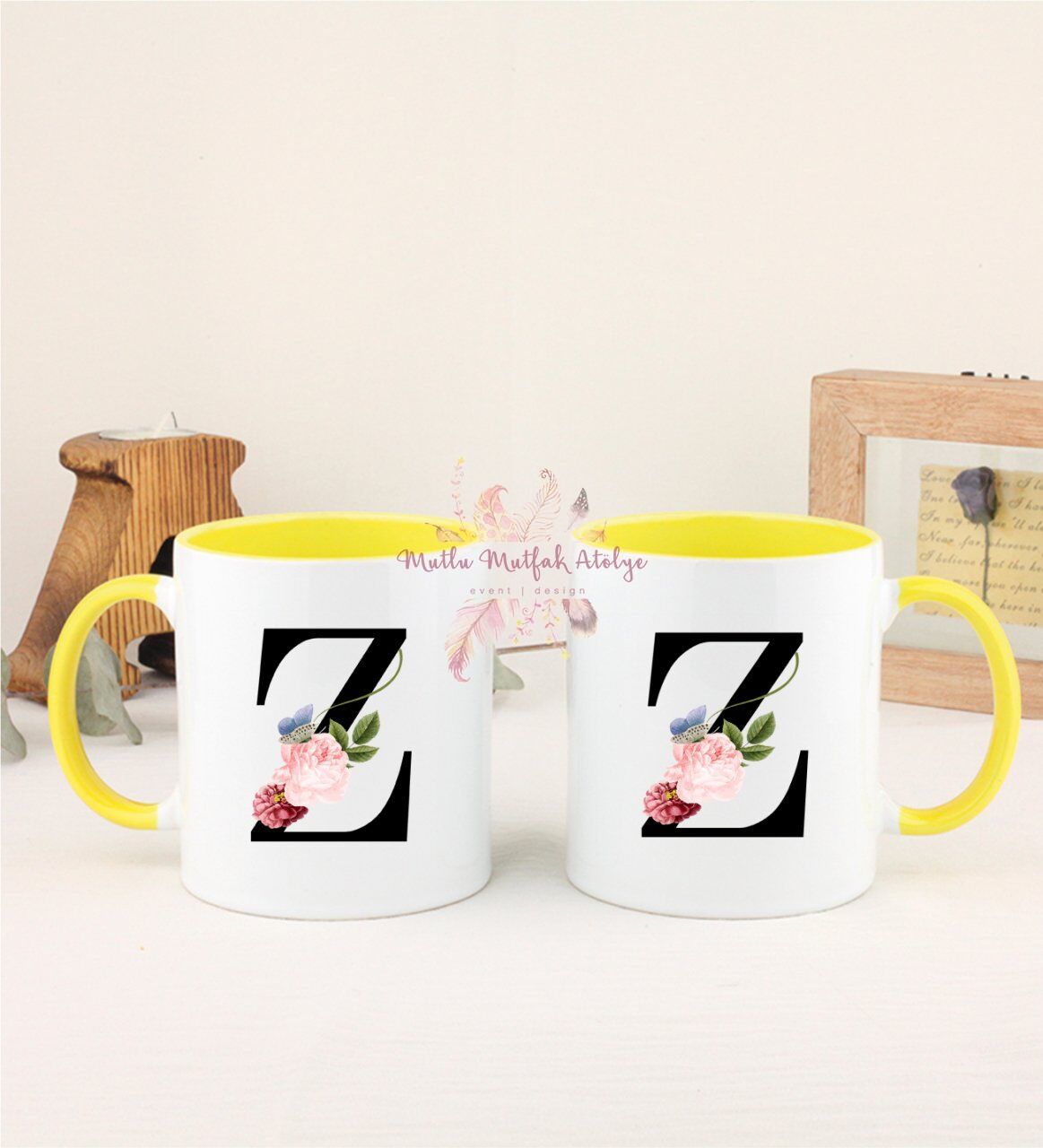Z Harfi Çiçek Desenli İkili Sarı Kupa Bardak