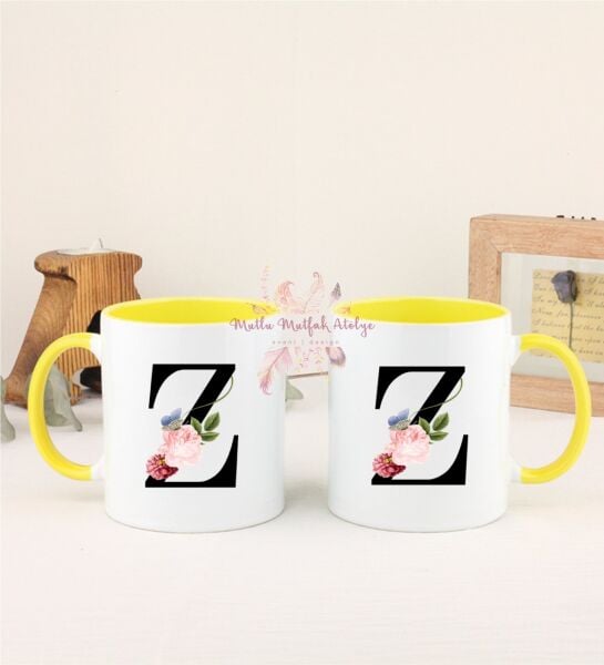 Z Harfi Çiçek Desenli İkili Sarı Kupa Bardak