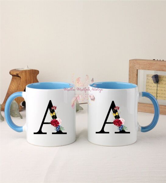 A Harfi Çiçek Desenliİkili Mavi Kupa Bardak