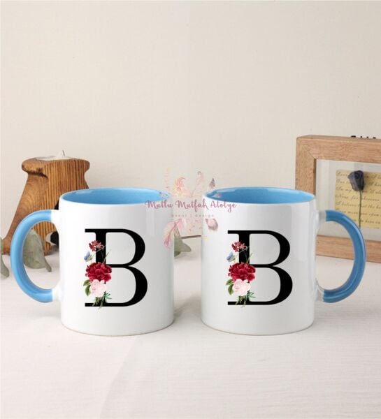 B Harfi Çiçek Desenliİkili Mavi Kupa Bardak