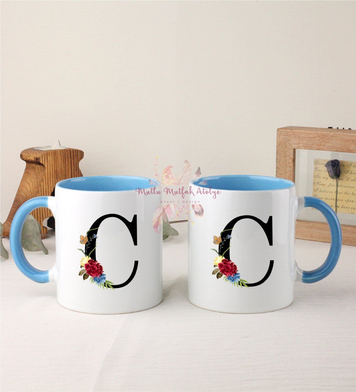 C Harfi Çiçek Desenliİkili Mavi Kupa Bardak