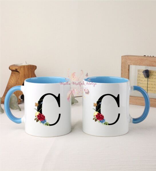 C Harfi Çiçek Desenliİkili Mavi Kupa Bardak