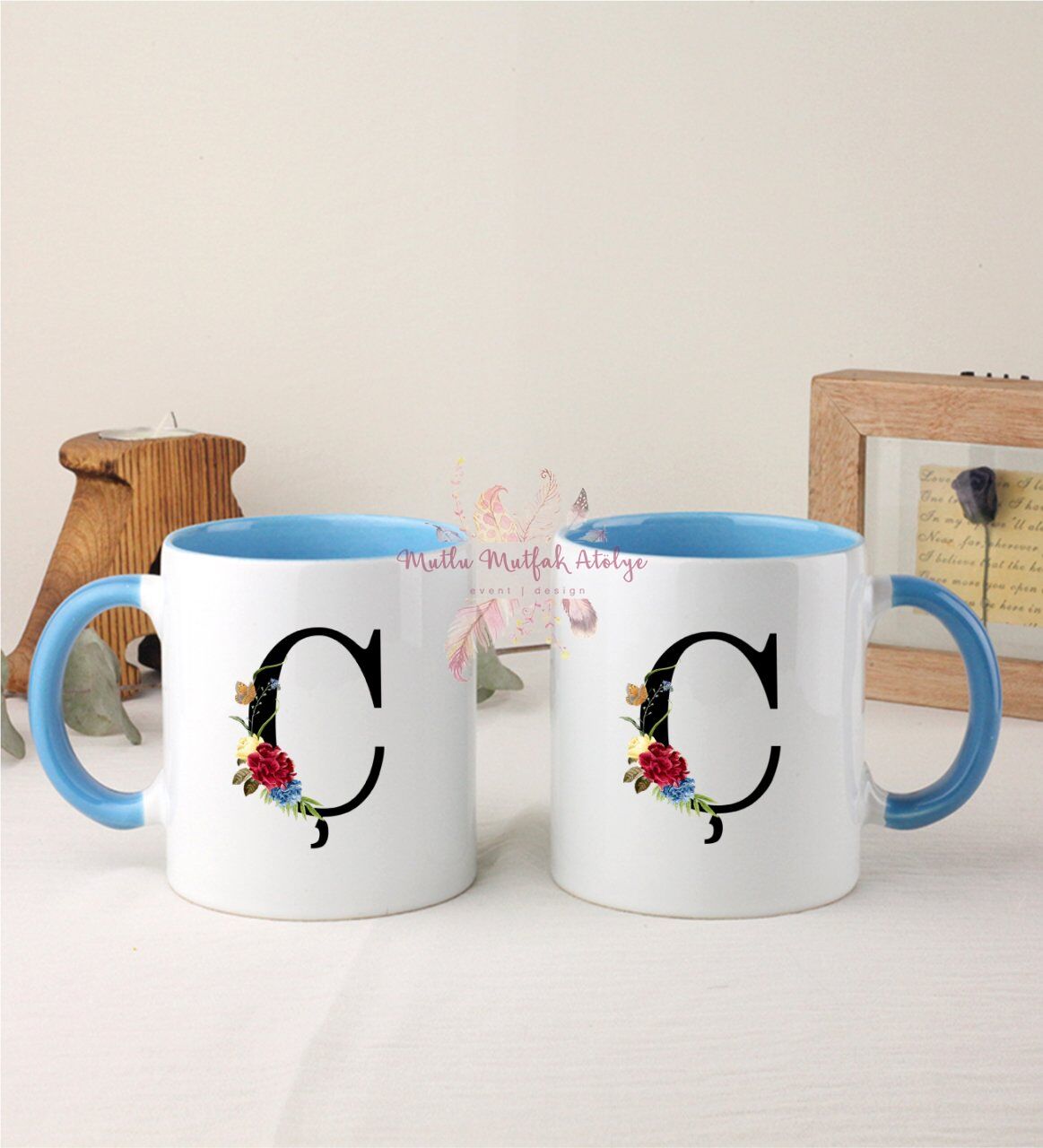 Ç Harfi Çiçek Desenli İkili Mavi Kupa Bardak
