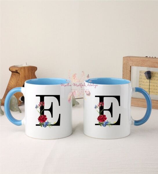 E Harfi Çiçek Desenli İkili Mavi Kupa Bardak