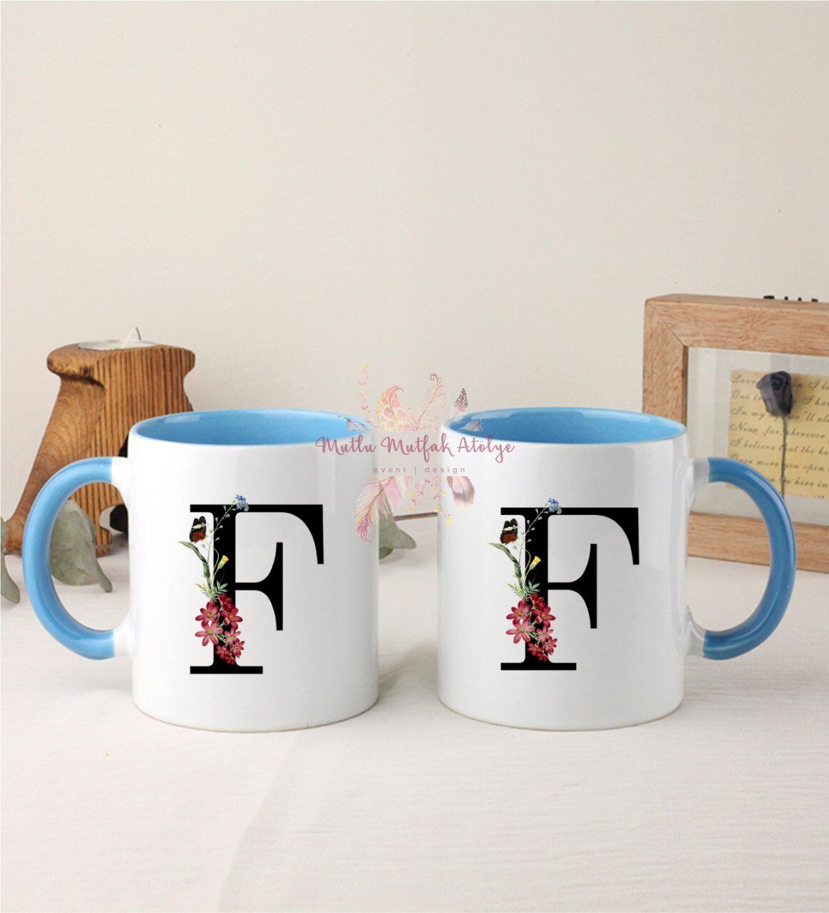 F Harfi Çiçek Desenli İkili Mavi Kupa Bardak