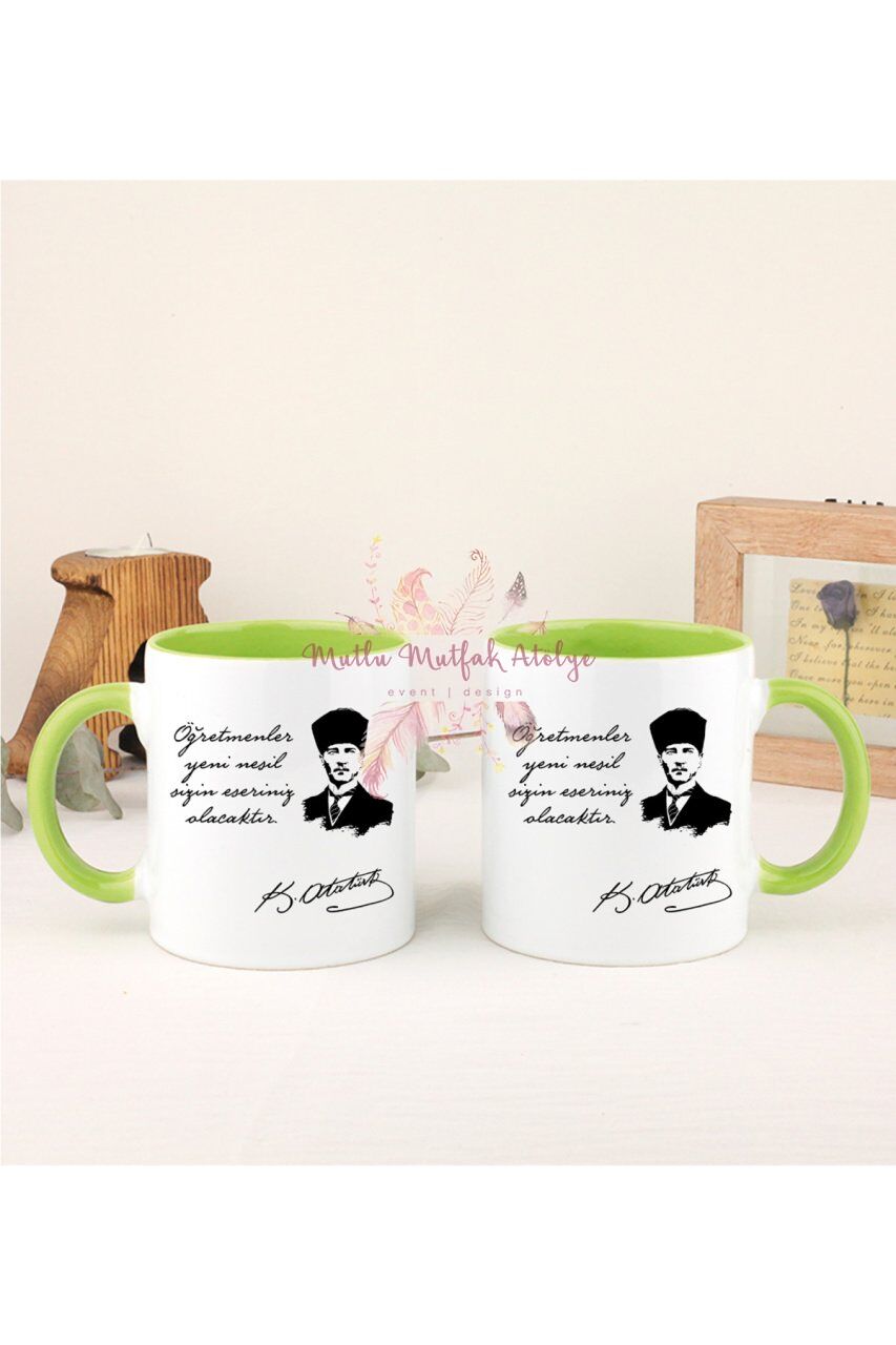 Öğretmenler Günü Hediyesi Atatürk  İkili Yeşil Kupa Bardak