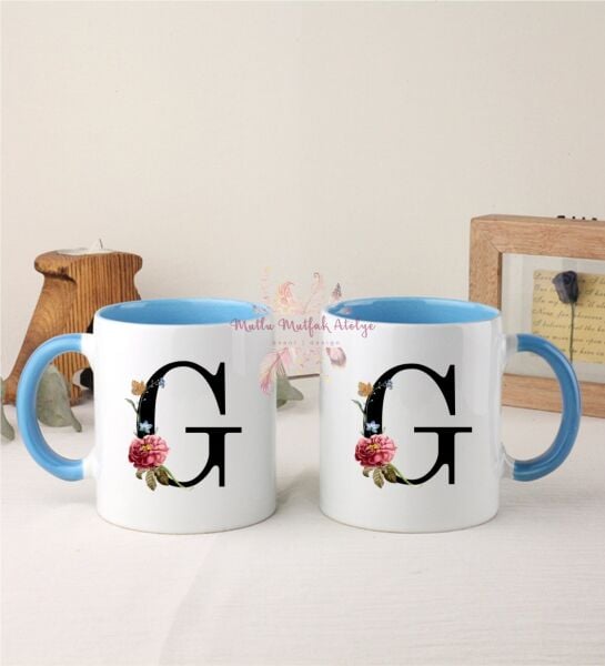 F Harfi Çiçek Desenli İkili Mavi Kupa Bardak