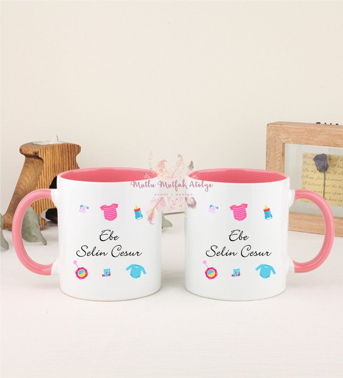 Kişiye Özel Ebe İkili Pembe Kupa Bardak