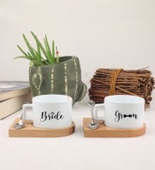 2'li Gelin Damat Ahşap Altlıklı Fincan
