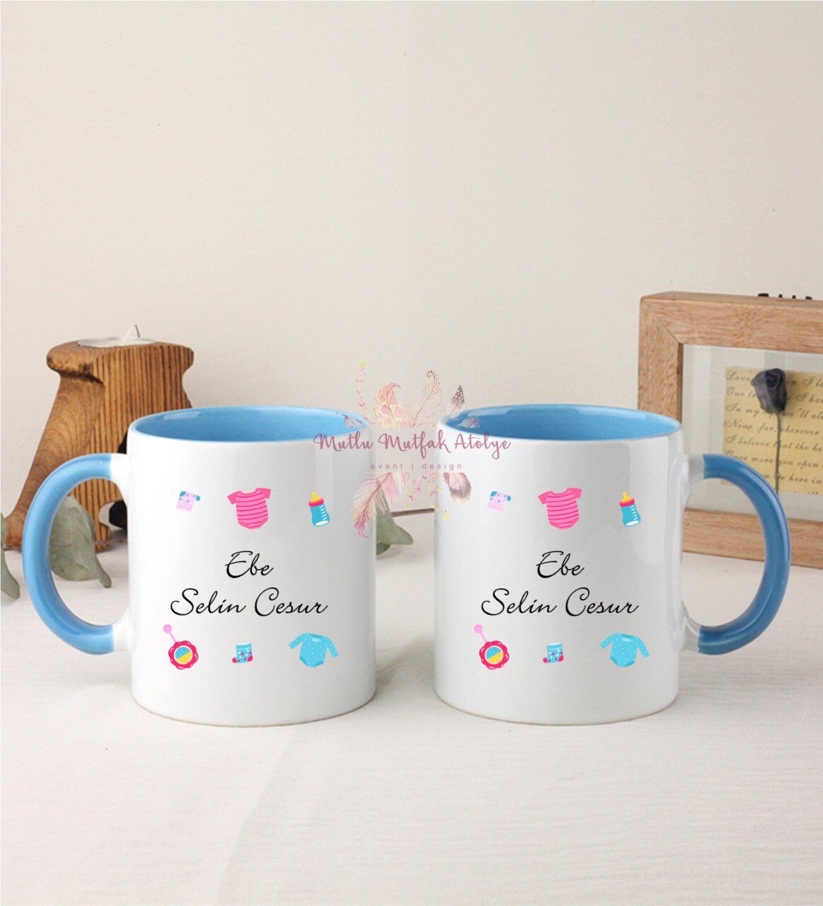 Kişiye Özel Ebe İkili Mavi Kupa Bardak