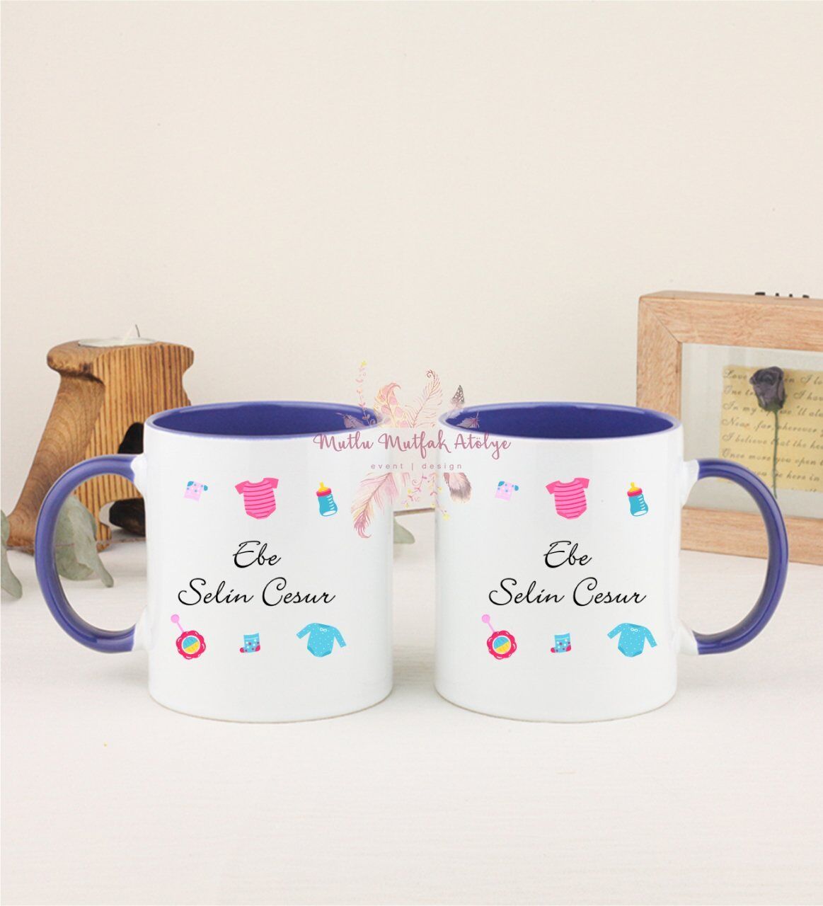 Kişiye Özel Ebe İkili Lacivert Kupa Bardak