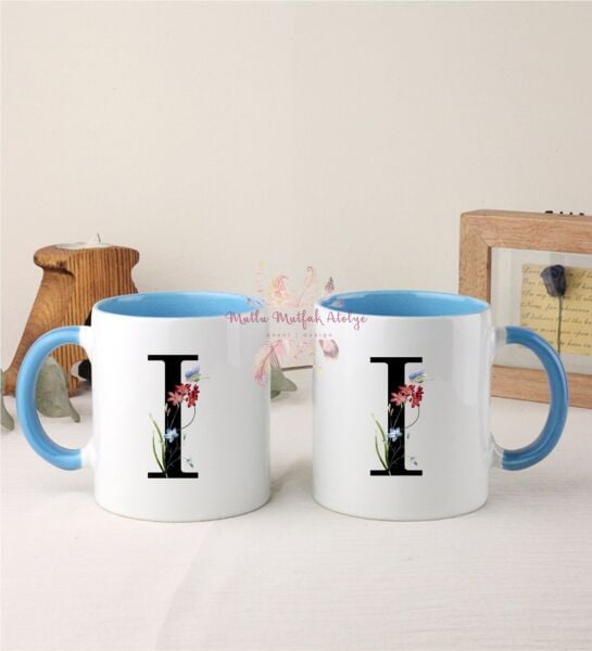 I Harfi Çiçek Desenli İkili Mavi Kupa Bardak