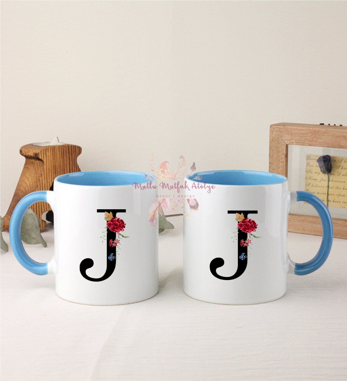 J Harfi Çiçek Desenli İkili Mavi Kupa Bardak