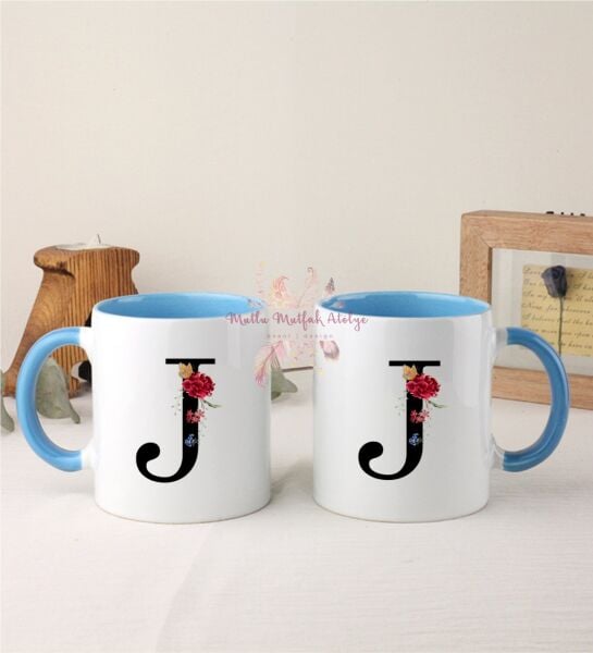 J Harfi Çiçek Desenli İkili Mavi Kupa Bardak