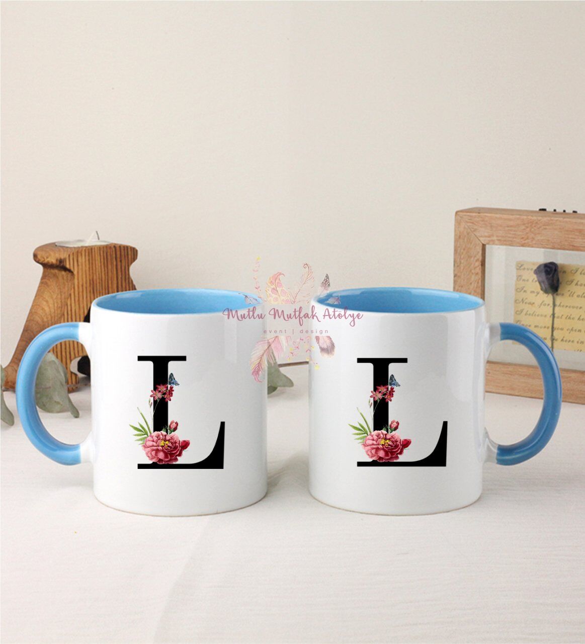 L Harfi Çiçek Desenli İkili Mavi Kupa Bardak
