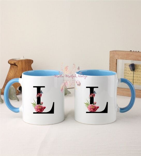 L Harfi Çiçek Desenli İkili Mavi Kupa Bardak