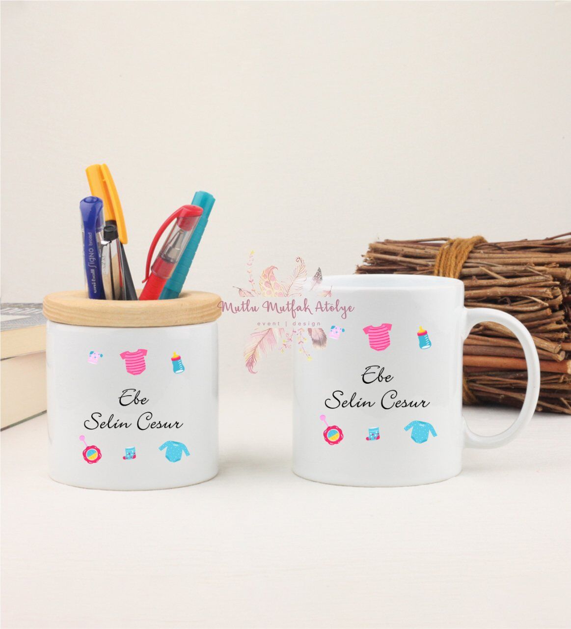Kişiye Özel Ebe Kalemlik ve Kupa Bardak