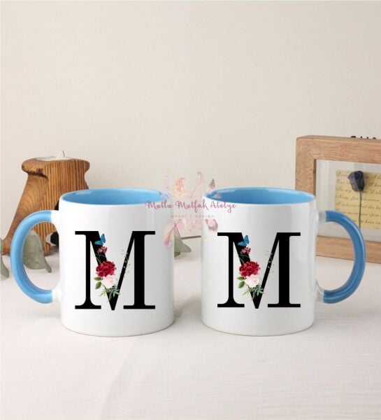 M Harfi Çiçek Desenli İkili Mavi Kupa Bardak