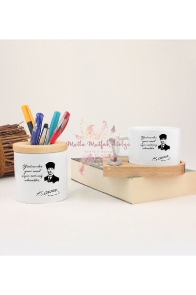 Öğretmenler Günü Hediyesi Atatürk  Kalemlik ve Ahşap Altlıklı Fincan