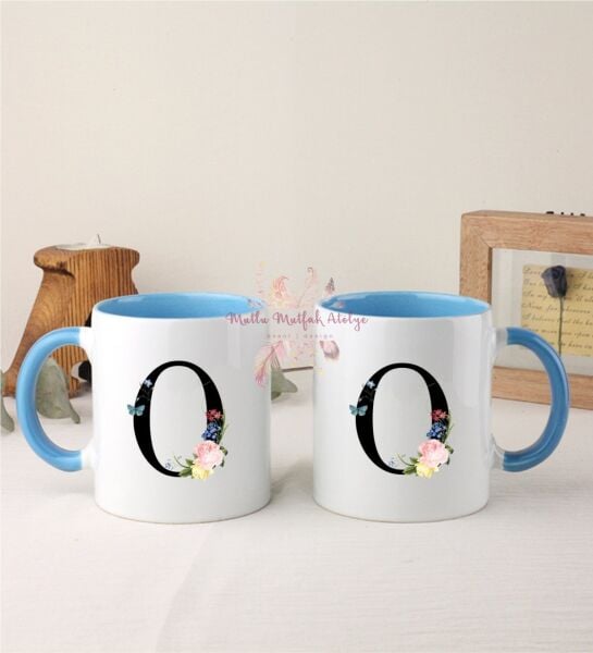 O Harfi Çiçek Desenli İkili Mavi Kupa Bardak