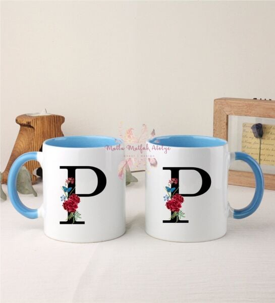 P Harfi Çiçek Desenli İkili Mavi Kupa Bardak