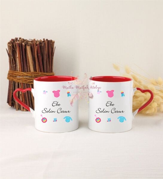 Kişiye Özel Ebe İkili Kırmızı Kalpli Kupa Bardak