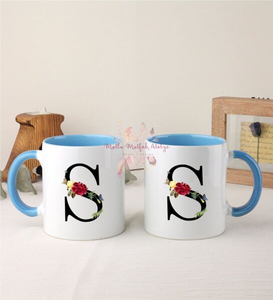 S Harfi Çiçek Desenli İkili Mavi Kupa Bardak